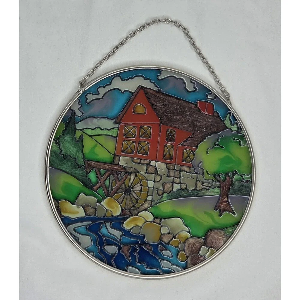 Vtg Handmade Stained Glass Sun Catcher Old Mill Water Wheel Tree 4.5